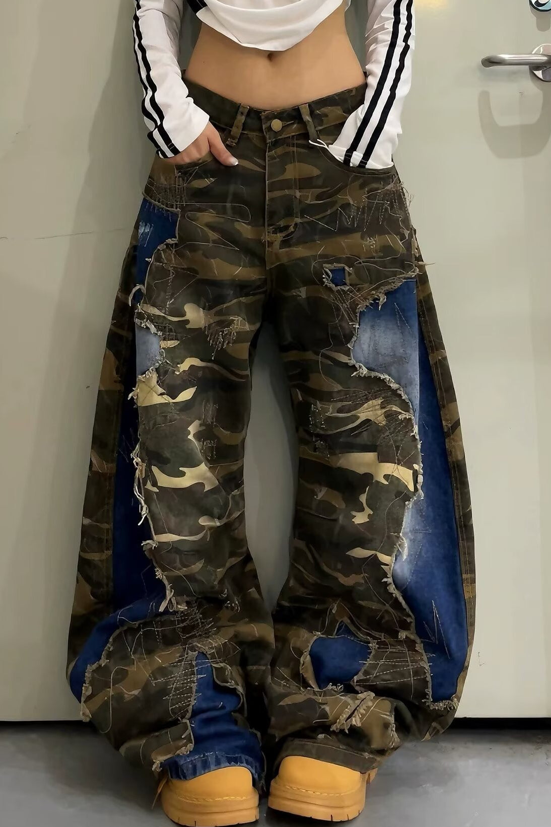 Denim Patch Camouflage Wide Pants
