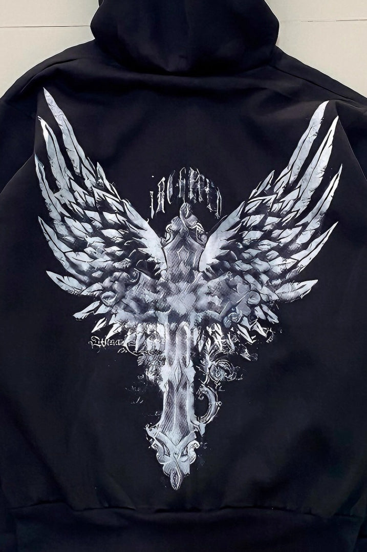 Angel Cross Black Fur Trim Zip Hoodie
