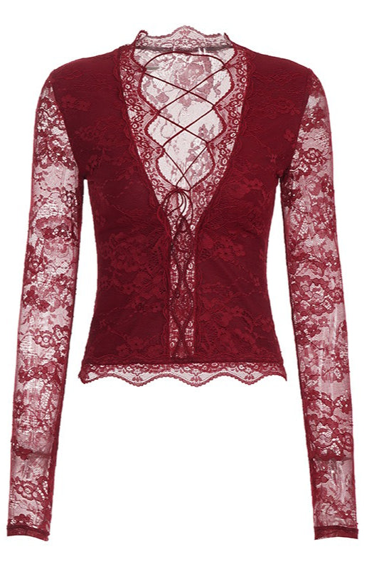 Floral Lace Up Front Crop Tops