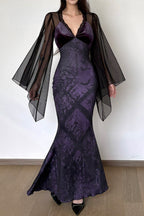 Printed Mesh Sleeve Fishtail Maxi Dress