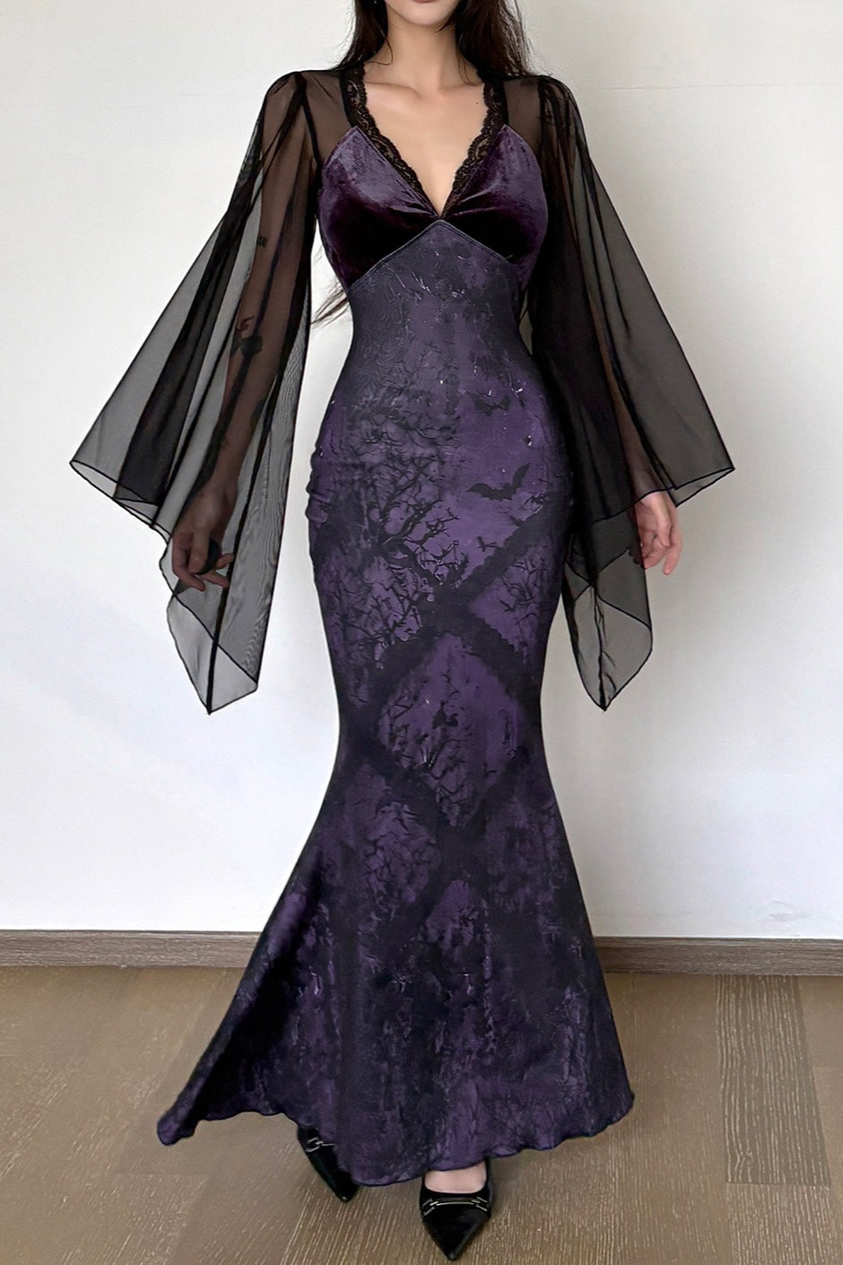 Printed Mesh Sleeve Fishtail Maxi Dress