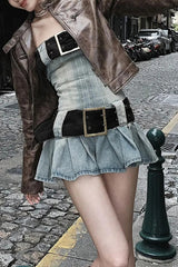 Y2K Washed Denim Pleated Strapless Mini Dress