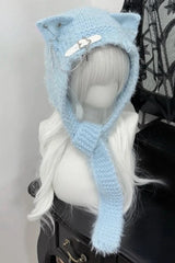 Harajuku Cat Ear Cross Chain Leather Buckle Knitted Winter Hat