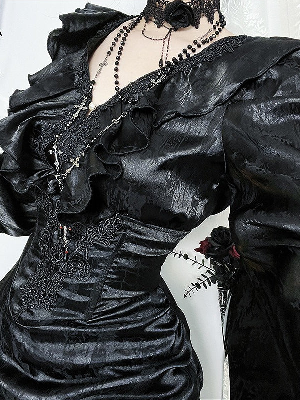 Ruffle Gothic V Neck Long Sleeve Blouse