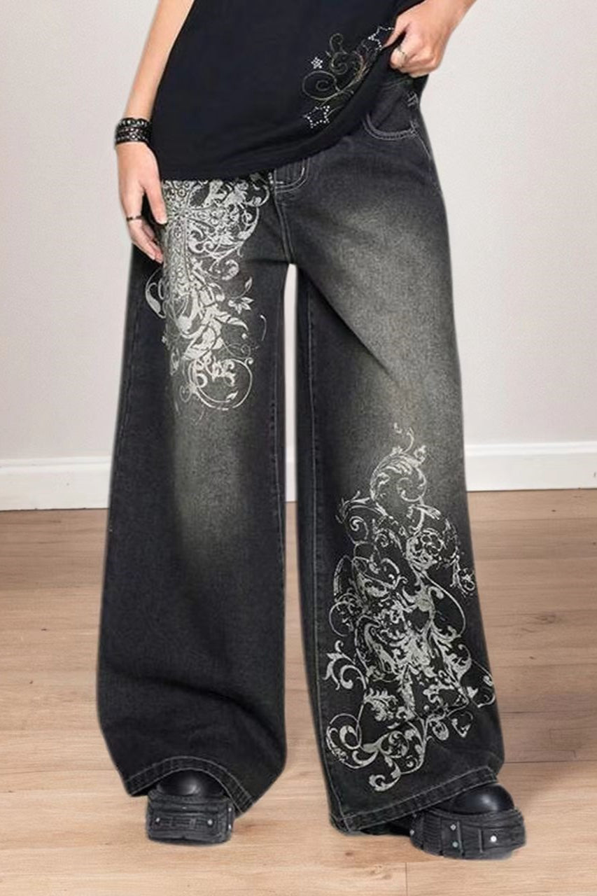 Ornate Scroll Washed Denim Pants