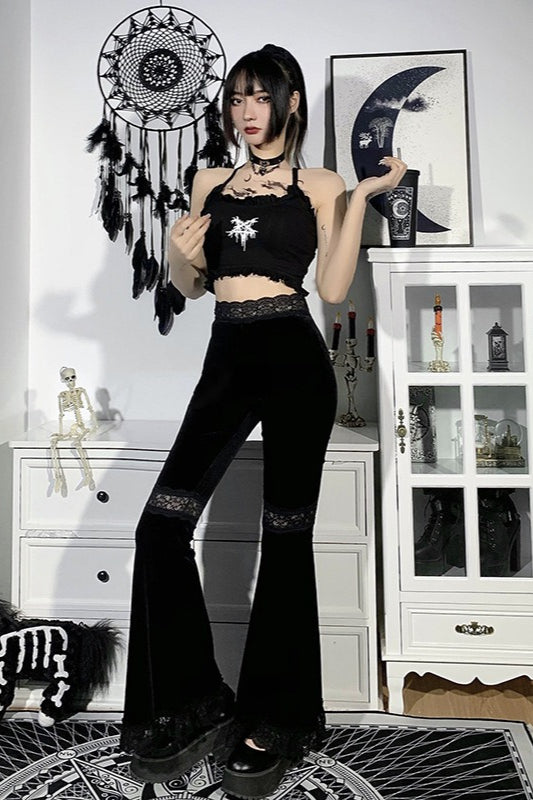Lace Panel Velvet Flare Pants