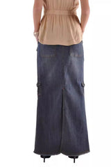 Slim-Fit Multi-Pocket Denim Bodycon Maxi Skirt