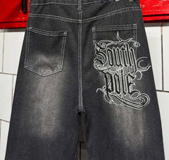 Black Gray Graphic Print Wide Leg Pants