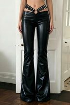 Metal Detail Flared Leather Pants