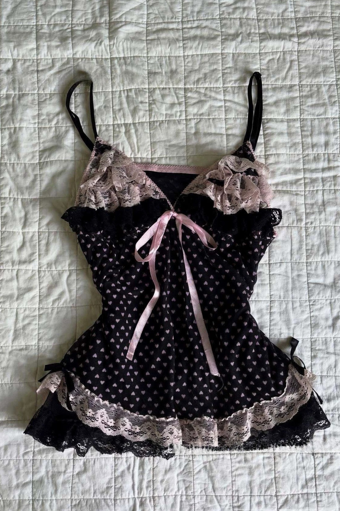 Black Pink Heart Polka Dot Lace Splice Cami Main image