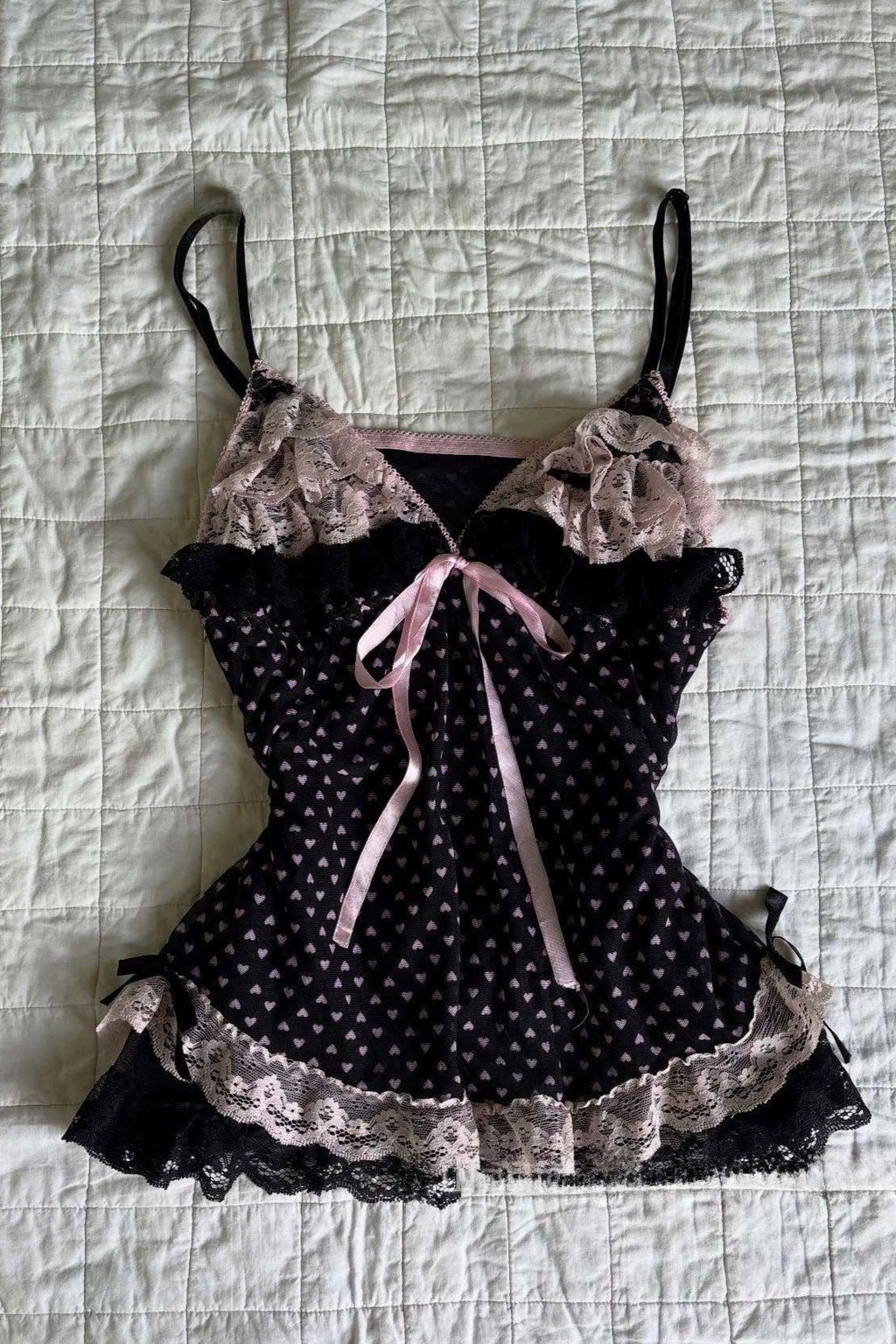 Black Pink Heart Polka Dot Lace Splice Cami