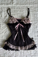 Black Pink Heart Polka Dot Lace Splice Cami
