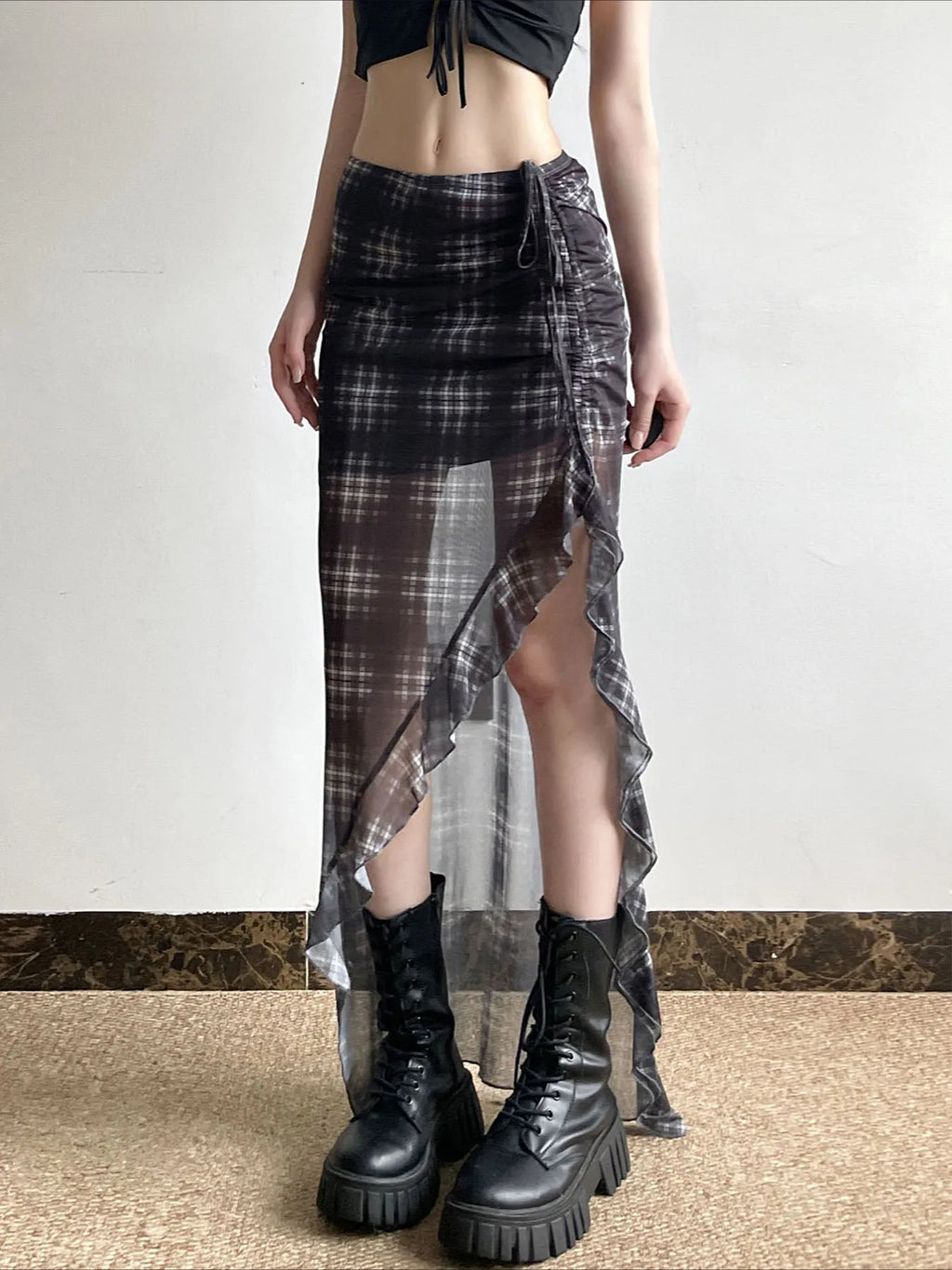 Plaid Drawstring See Through Skirt