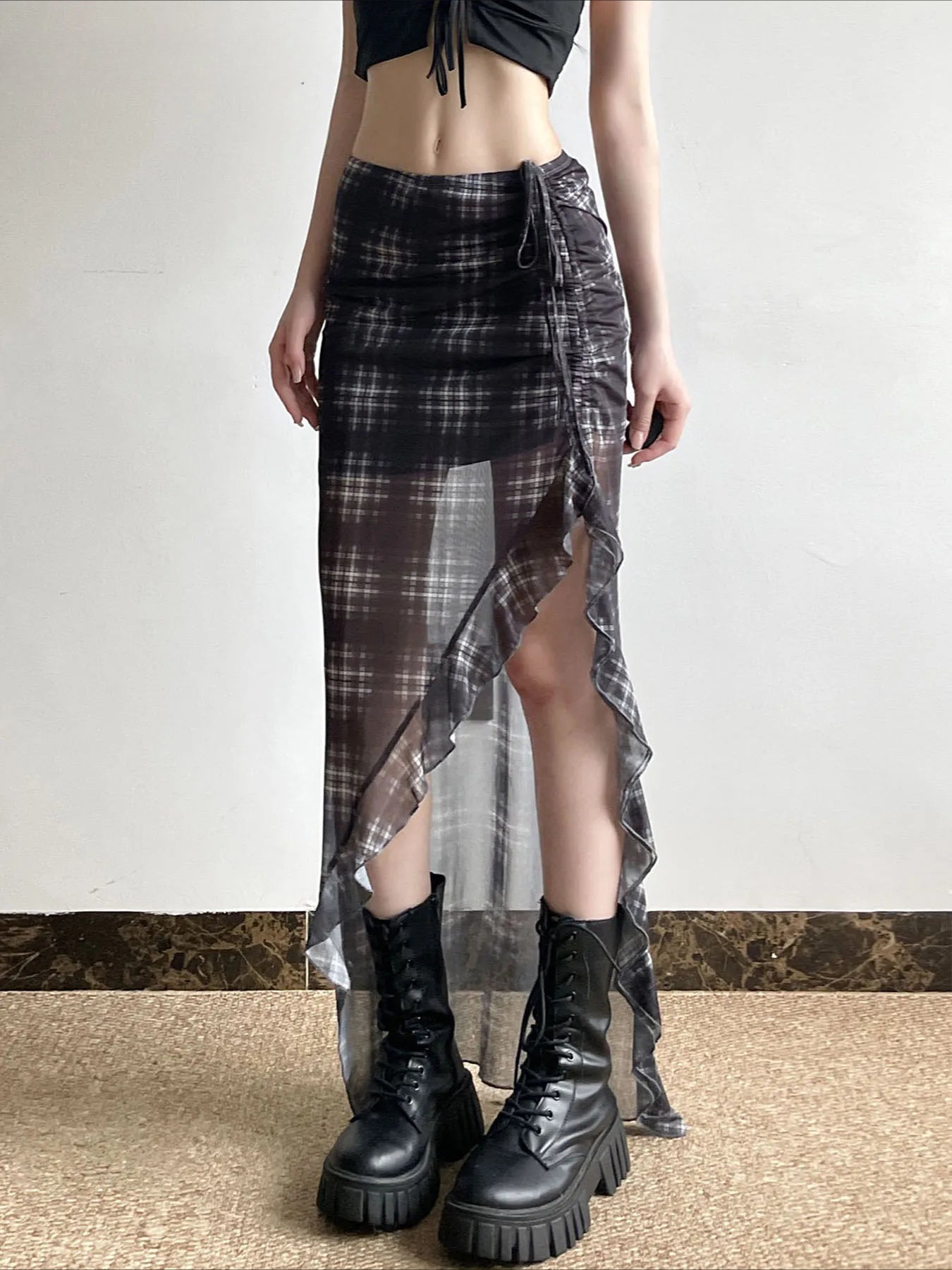 Plaid Drawstring See Through Skirt