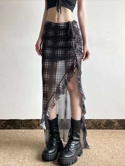 Plaid Drawstring See Through Skirt