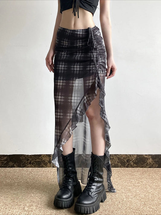 Plaid Drawstring See Through Skirt