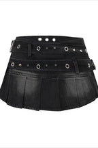 Studded Denim Pleated Mini Skirt