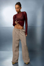 Sheer Crew Neck Long Sleeve Crop Tops