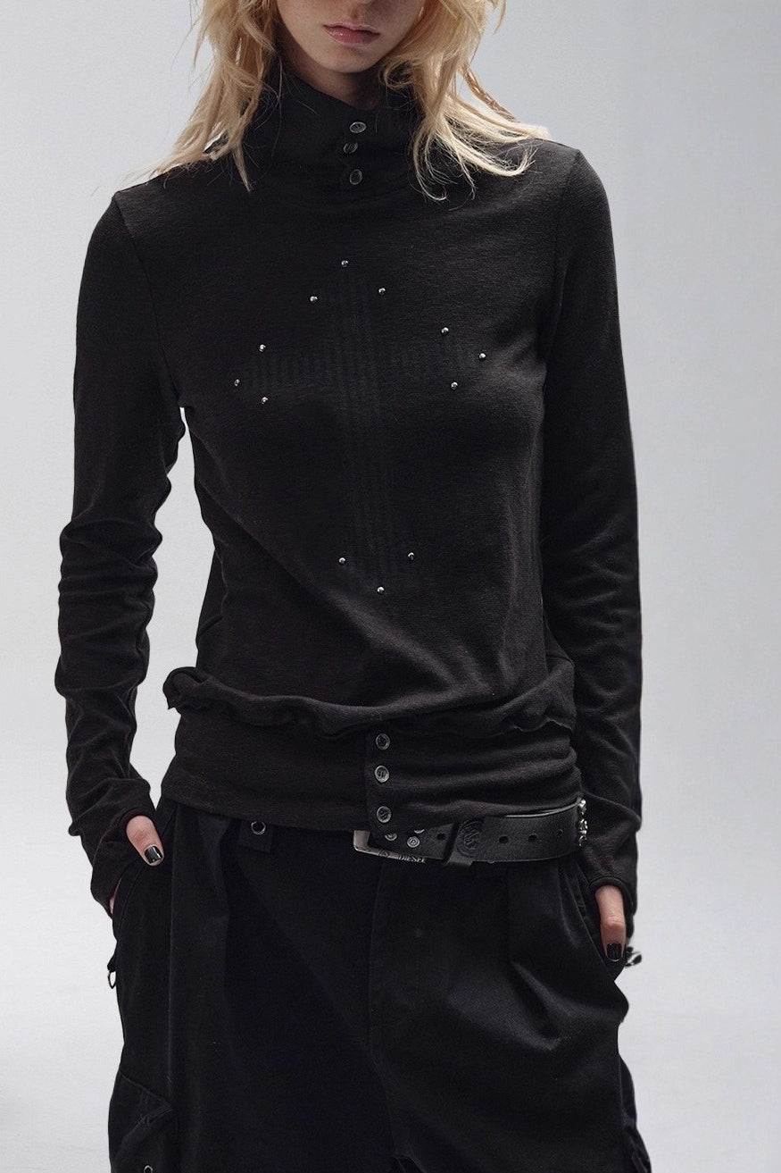 Mock Neck Raw-edge Print Studded Thumbhole Slim Punk Knit Top Main image