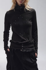 Mock Neck Raw-edge Print Studded Thumbhole Slim Punk Knit Top
