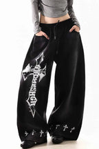 Cross Print Barrel Denim Pants
