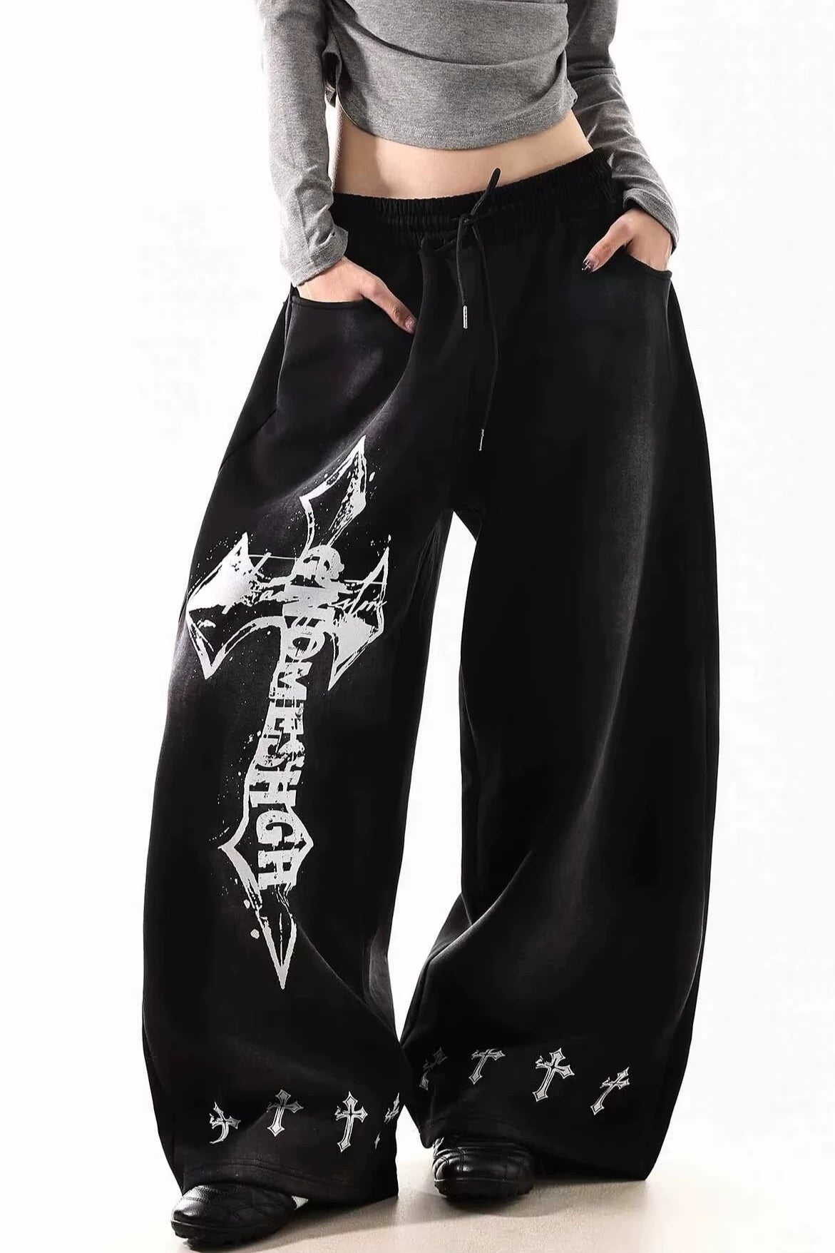 Cross Print Barrel Denim Pants