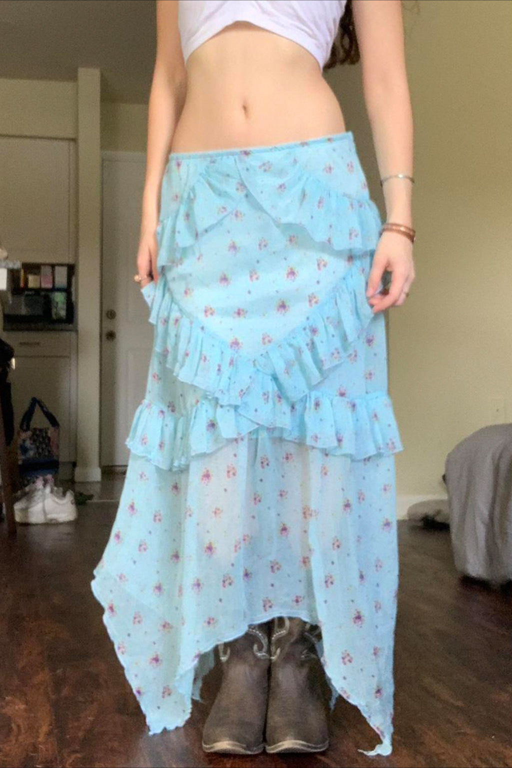 Floral Asymmetrical Mesh Midi Skirt