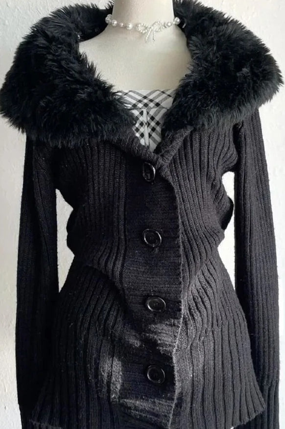 Gothic Y2K Fur Collar Knitted Sweater Main image