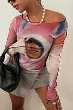 Round Neck Long Sleeve Print Mesh Top