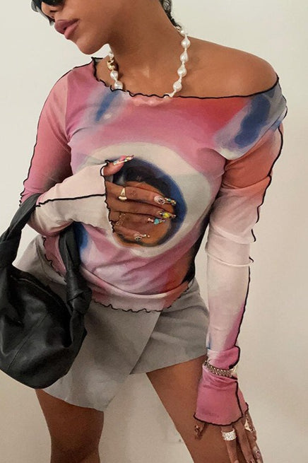 Round Neck Long Sleeve Print Mesh Top
