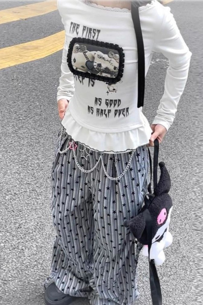 Y2K Grunge Printed Slim Lace Patchwork Long Sleeve T-shirt Secondary image