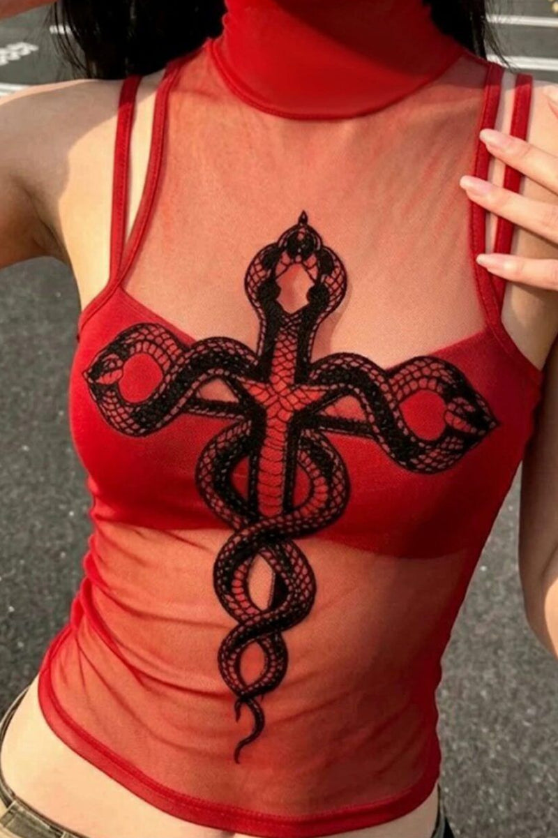 Mesh Snake Embroidered Cami Top