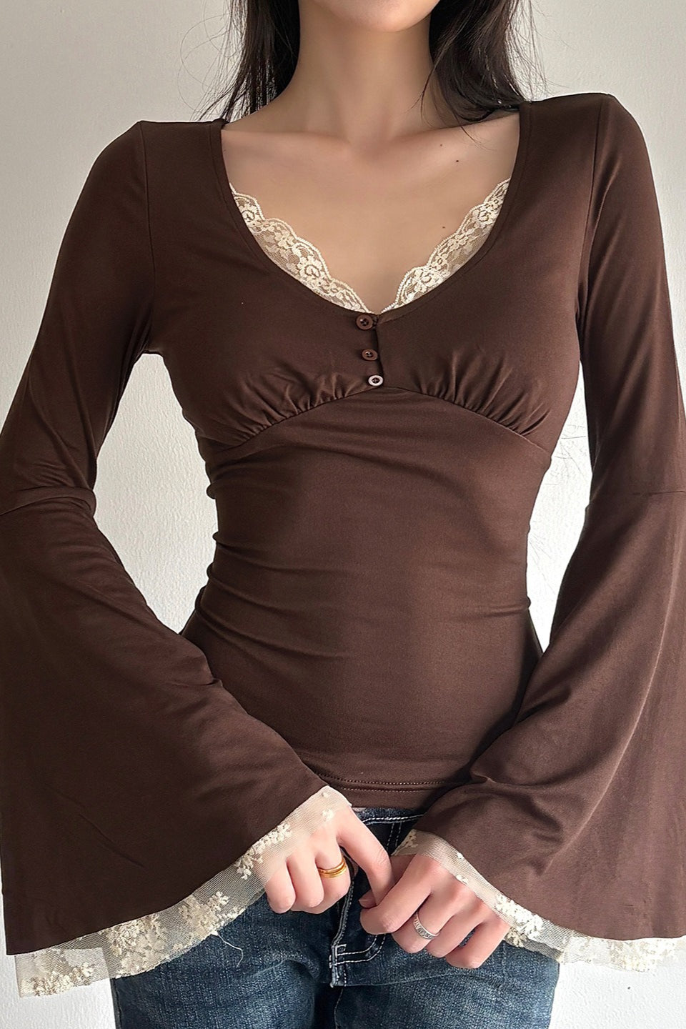 Lace Trim Button Bell Sleeve Crop Tops Main image