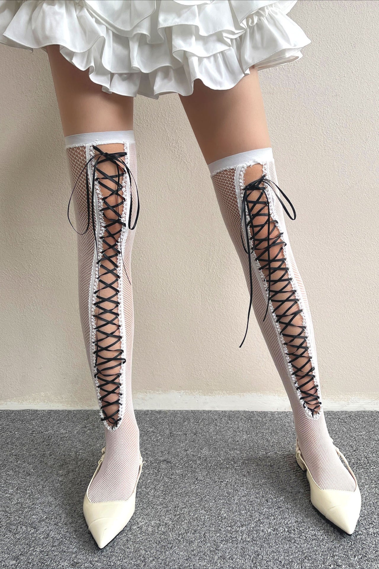 Y2K Lace Fishnet Tie Thin Over Knee Socks Main image
