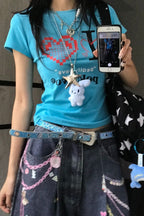 Blue Cotton Retro Printed Sweet Cool T-shirt