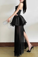 Goth Dark Halter Mesh Stitch Hem Backless Maxi Dress