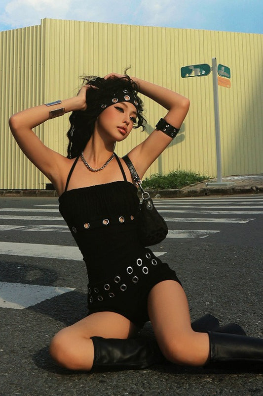 Black Halter Top And High Waist Shorts Set
