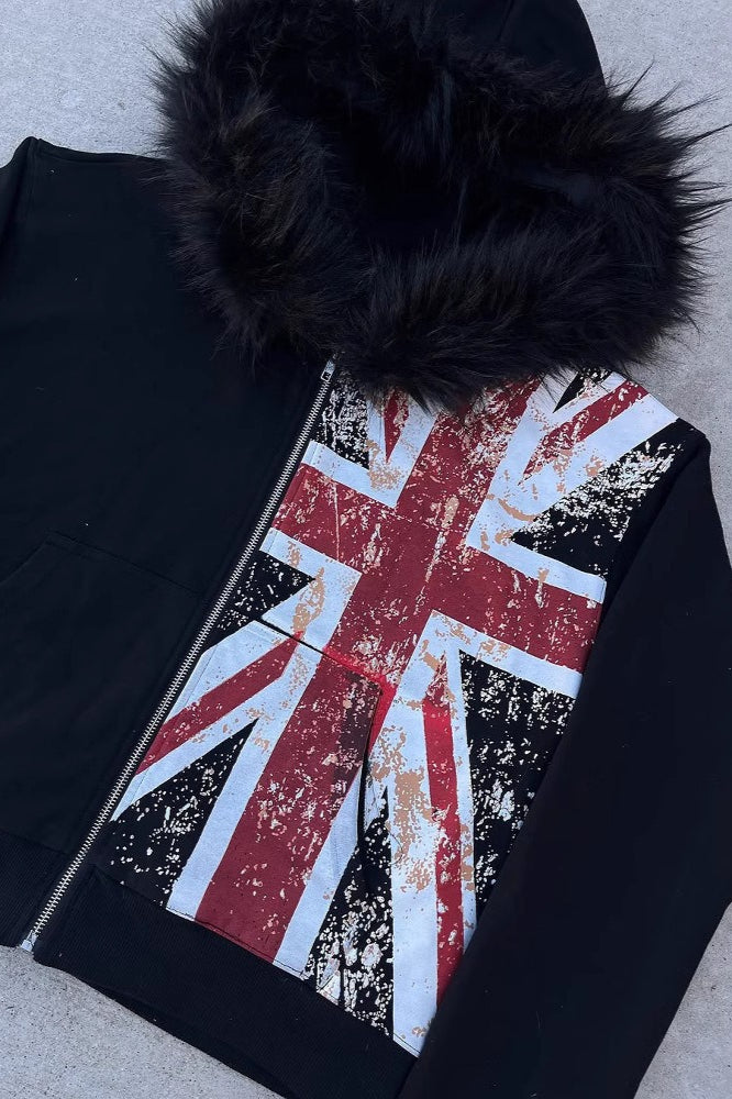 Union Jack Black Fur Trim Zip Hoodie Main image