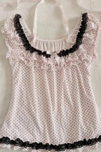 Polka Dot Bow Lace Tie Crew Neck Halter Top