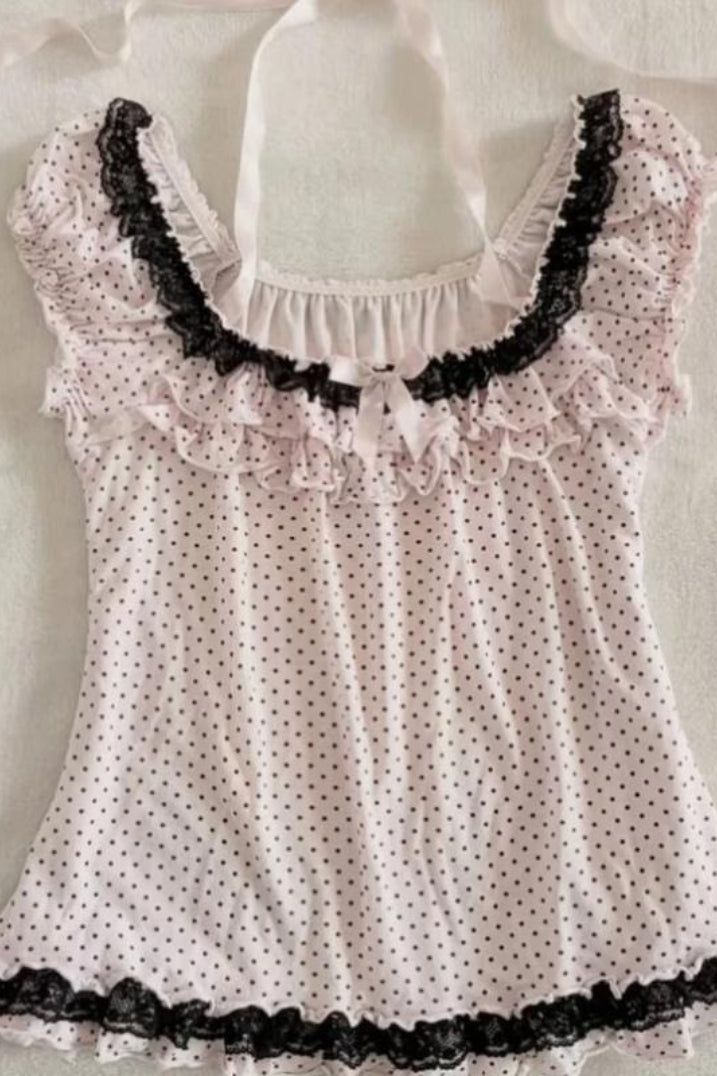 Polka Dot Bow Lace Tie Crew Neck Halter Top