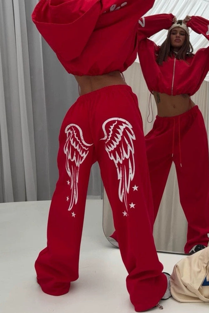 Wing Print High Waist Wide Leg Pants