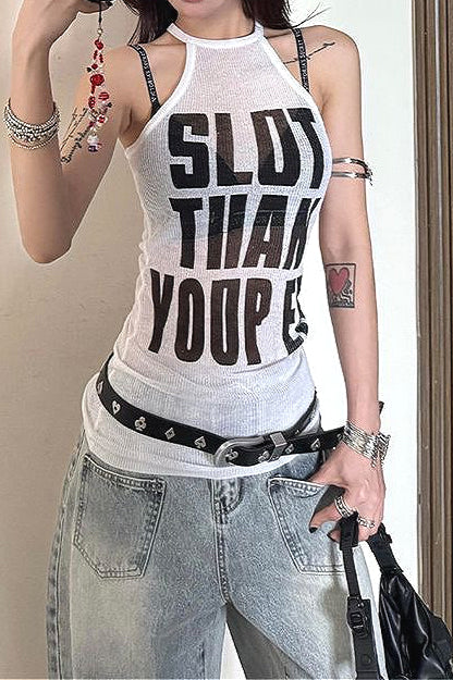 Vintage Sheer Letter Print Halter Top