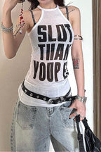 Vintage Sheer Letter Print Halter Top
