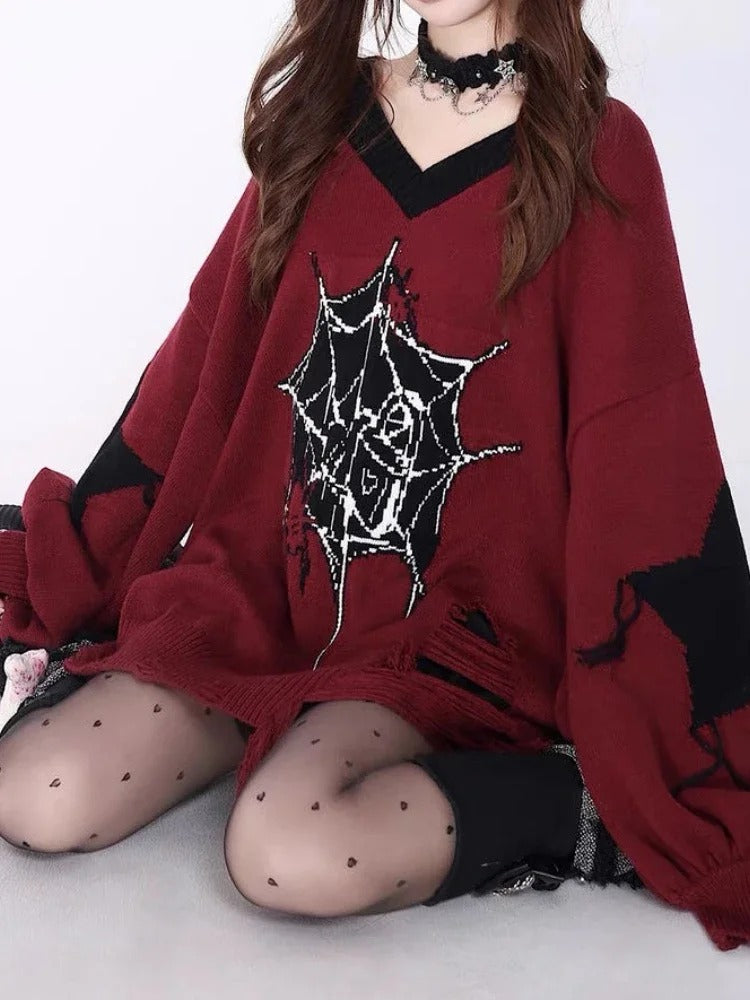 Y2K Harajuku Spider Web Jacquard Oversized Ripped V-neck Sweater Main image