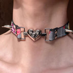 Y2K Plaid Two Tone Floral Rivet Necklace