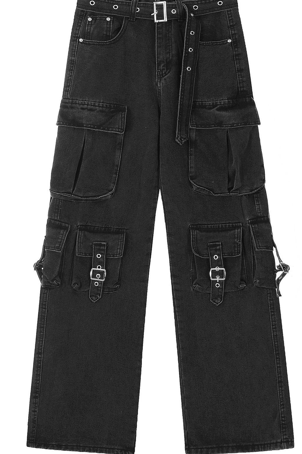 Multi Pocket Strap Wide Leg Cargo Jeans