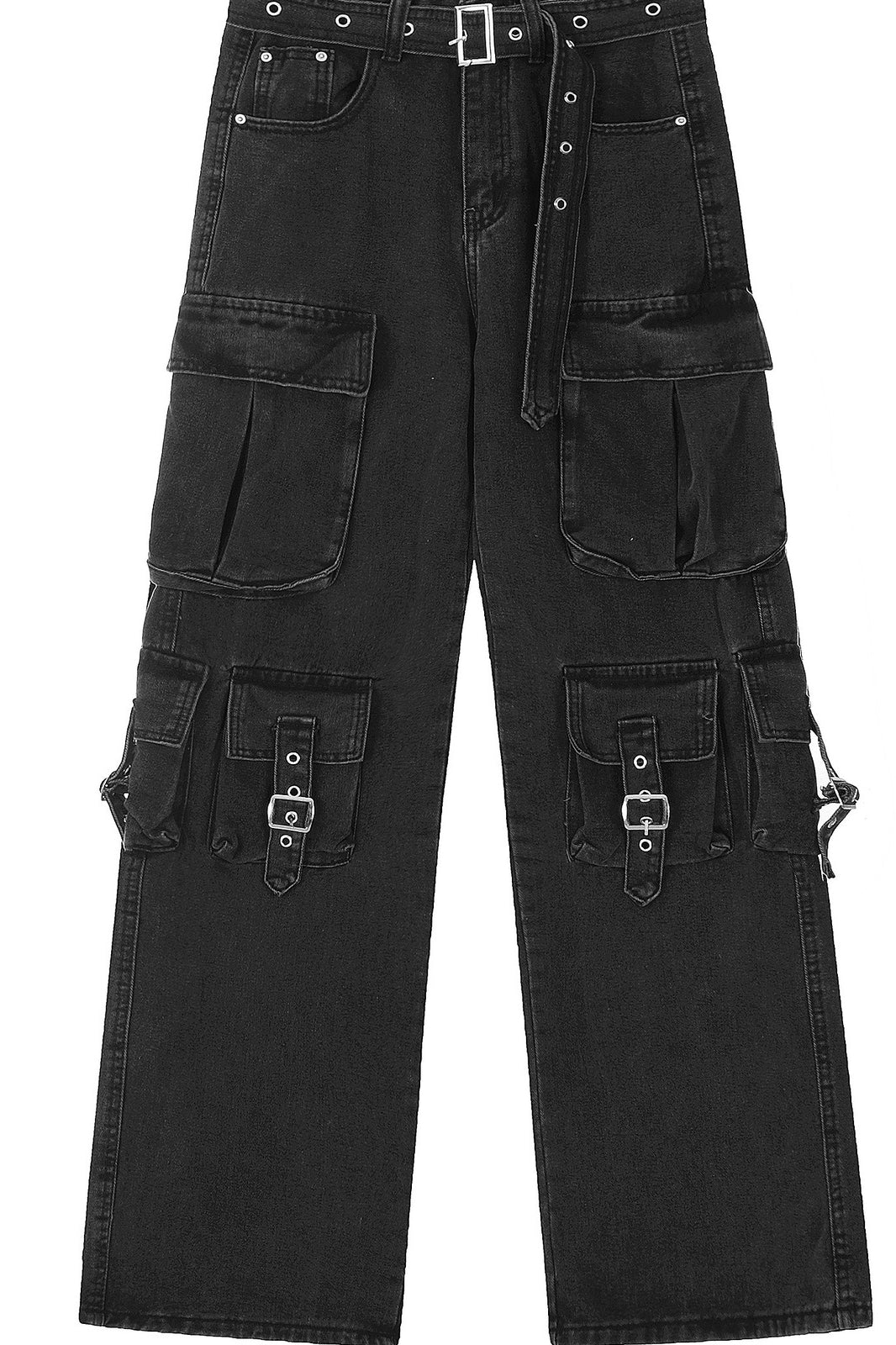 Multi Pocket Strap Wide Leg Cargo Jeans