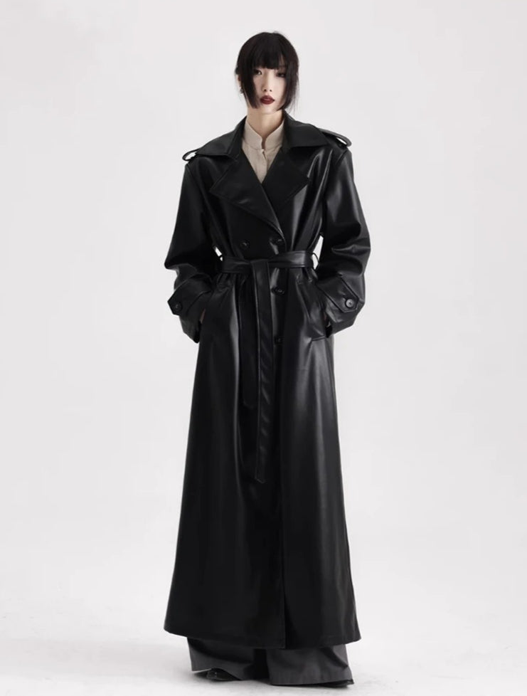 Long Black Soft Leather Long Coat Secondary image