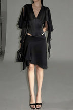 Draped Split Sleeve Ruffle Skirt Sets