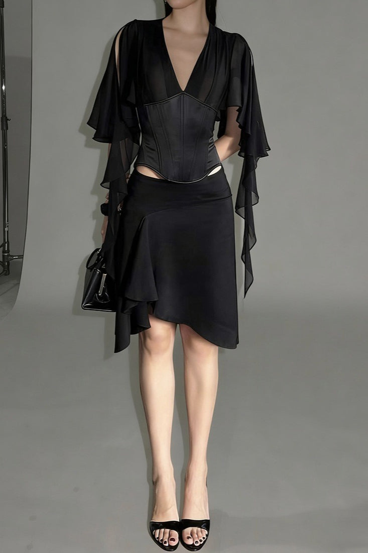 Draped Split Sleeve Ruffle Skirt Sets